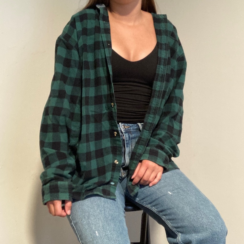 Green and Black Plaid Button Down Flannel